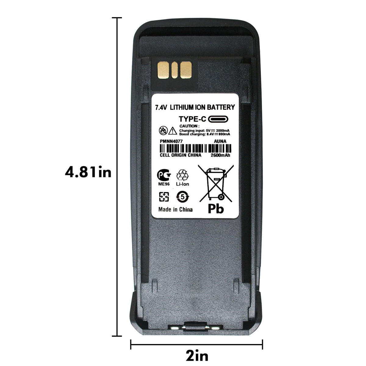 PMNN4077C / PMNN4066A 7.4V 2600mAh Type-C Rechargeable Li-ion Battery with Belt Clip for Motorola XPR 6550, XPR 6350, DP3400