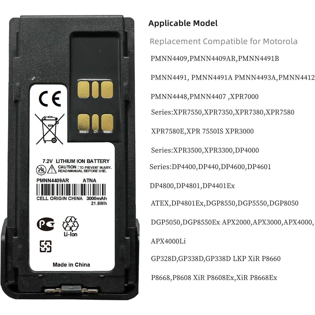 PMNN4409AR 7.2V 3000mAh Li-ion Battery with Belt Clip for Motorola XPR 7550, XPR 3500, APX 4000