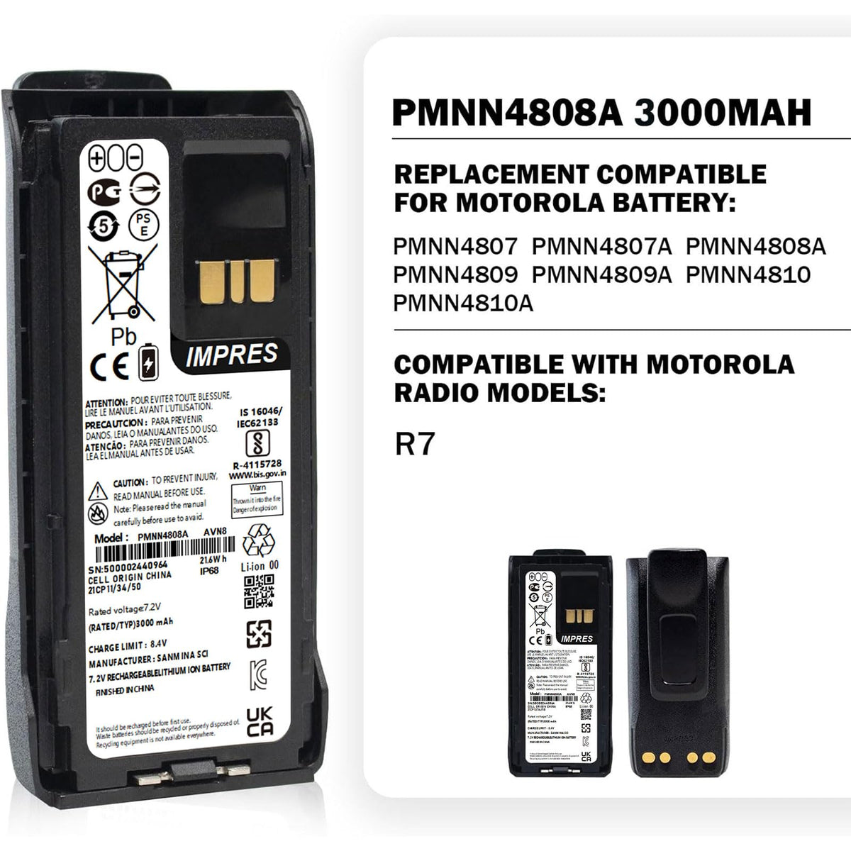 PMNN4807A / PMNN4809A 7.2V 3000mAh Li-ion Battery with Belt Clip for Motorola MOTOTRBO R7, R7A