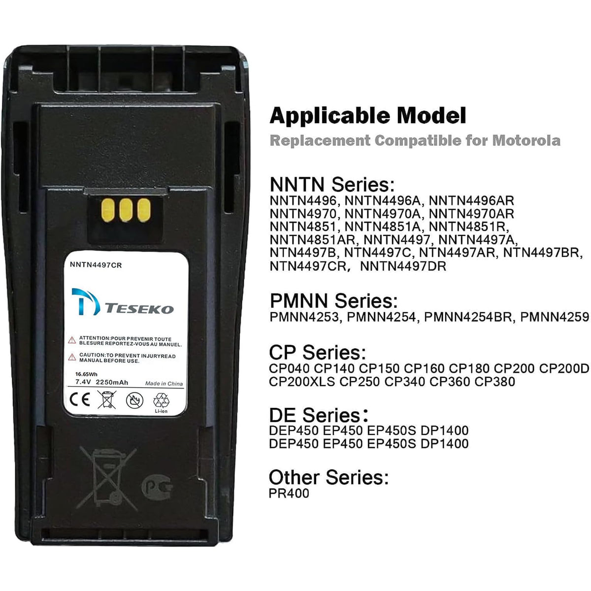 NNTN4497CR 7.4V 2250mAh Li-ion Battery with Belt Clip for Motorola CP200, CP200d, PR400, DEP450