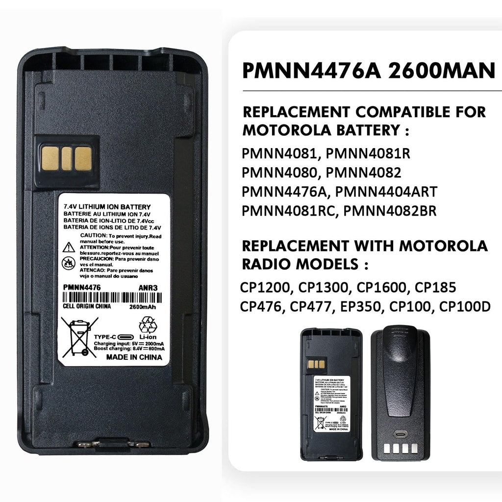 PMNN4476A 7.4V 2600mAh Type-C Rechargeable Li-ion Battery with Belt Clip for Motorola CP185, CP100d, CP1300, EP350