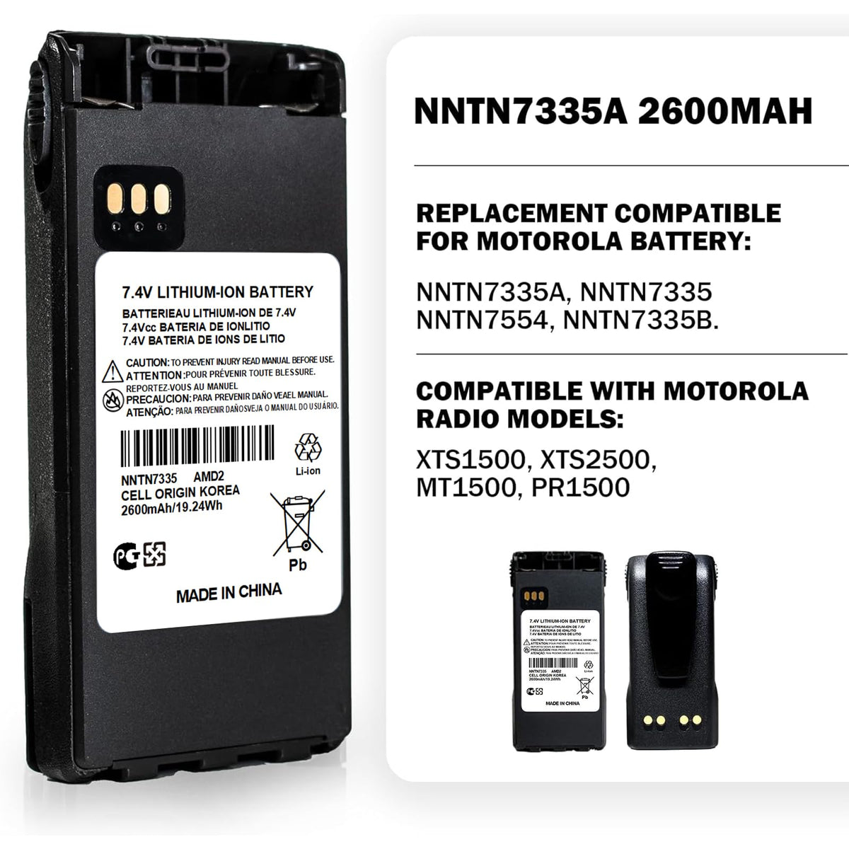 NNTN7335A 7.4V 2600mAh Li-ion Battery for Motorola XTS1500 / XTS2500 / PR1500 / MT1500