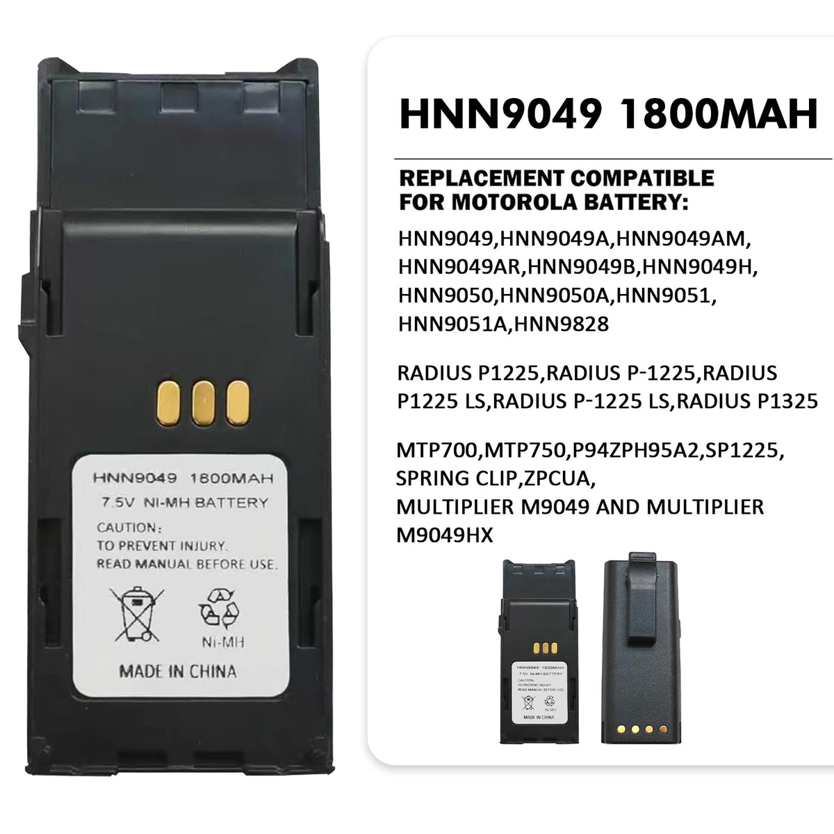 HNN9049A 7.5V 1800mAh Ni-MH Battery with Belt Clip for Motorola Radius P1225, P1225LS