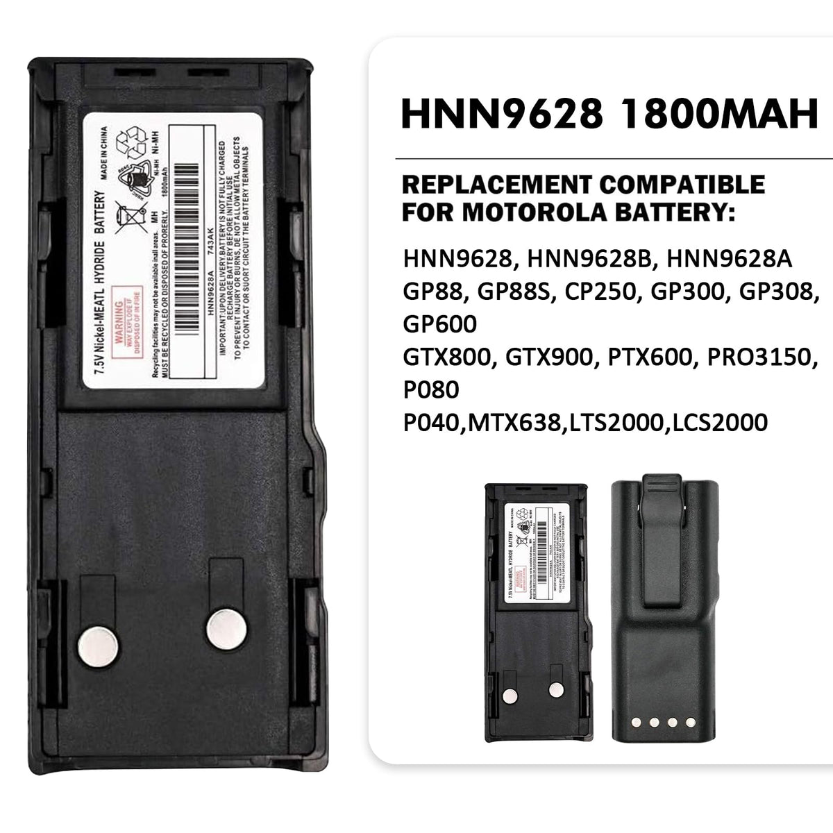 HNN9628A / HNN9628B 7.5V 1800mAh Ni-MH Battery for Motorola GP300, GP88, GP308, PRO3150