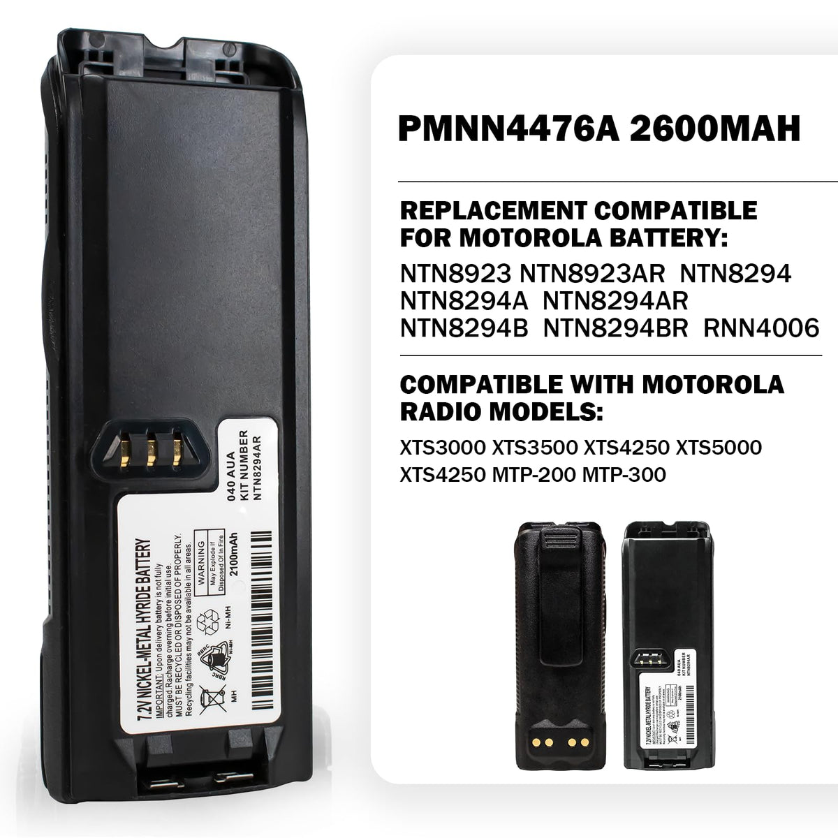 NTN8294AR / NTN8923AR 7.2V 2100mAh Ni-MH Battery with Belt Clip for Motorola XTS3000, XTS3500, XTS5000